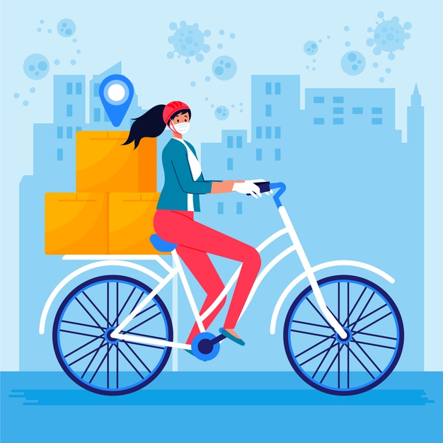 La imagen muestra a una mujer en bicicleta transportando paquetes para reparto a domicilio